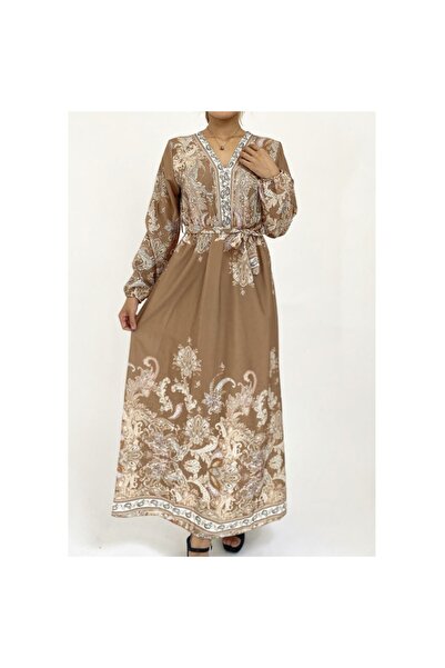 Intisimo Rochie de damă, lungă, cu șnur în talie, motive orientale, maro