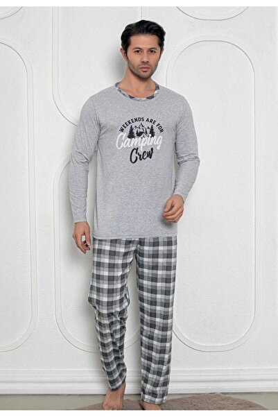 Intisimo Ανδρική Πιτζάμα, Φούτερ + Μακρύ Παντελόνι, Κάμπινγκ, Ανοιχτό Γκρι - XL