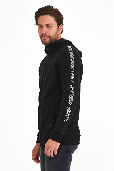 BREEZY Kol Şerit Baskılı Fermuarlı Siyah Kapüşonlu Sweatshirt , Zip Hoodie