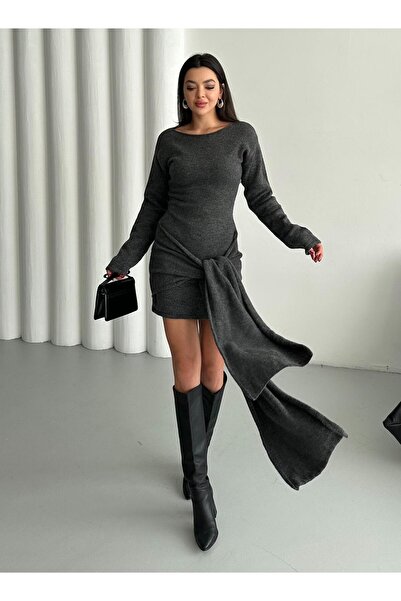 Laluvia Anthracite Short Dress with Tie Front