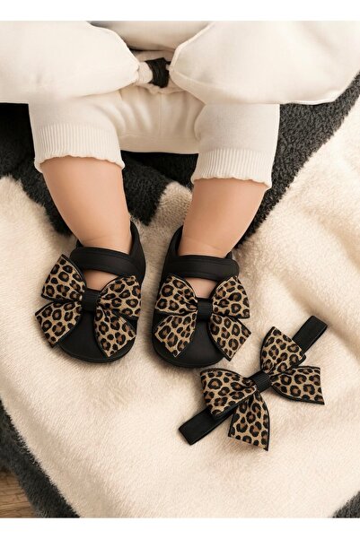 eradkids 0-3 Months Newborn Bow Leopard Patterned Black Baby Bandana Booties Set
