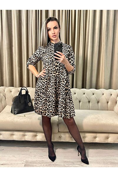 Intisimo Γυναικείο Φόρεμα, Midi, Casual, Animal Print, Μπεζ/Μαύρο