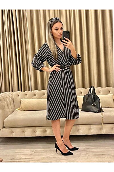 Intisimo Γυναικείο Φόρεμα, Ριγέ, Με Ζώνη, Λευκό/Μαύρο