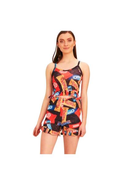 Intisimo Pijamale damă, pantaloni scurți, maiou, ciocolatiu, negru/roșu - XL