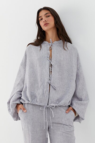 MARKALİSTE Front Tie Blouse Trousers Set Gray