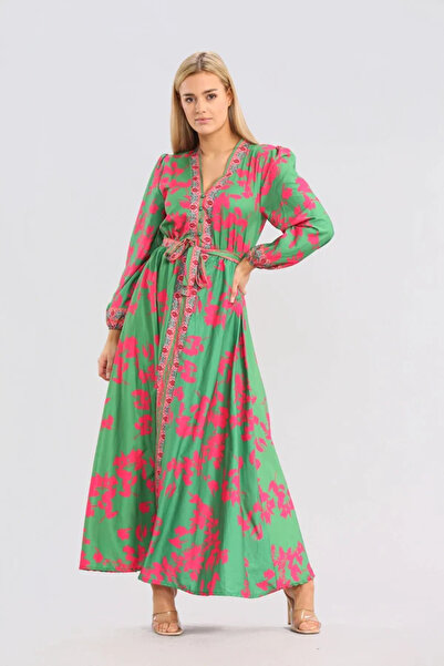 Intisimo Γυναικείο Φόρεμα, Μακρύ, Κορδόνι στη Μέση, Πράσινο/Ροζ