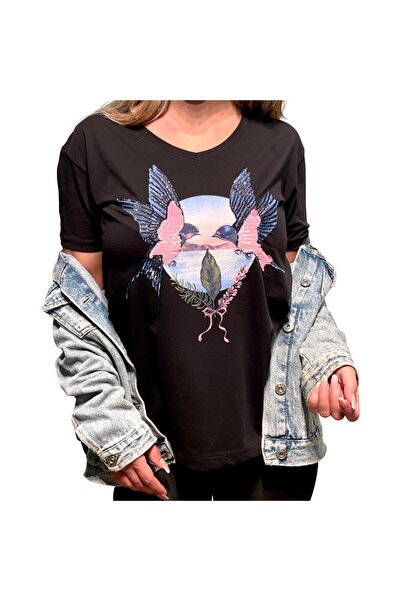 Intisimo Tricou de damă, 100% bumbac, Blue Birds, negru - XL