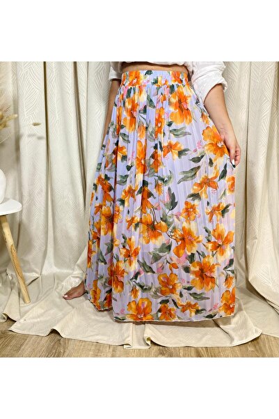 Intisimo Fustă plisată, lejeră, imprimeu floral, portocaliu/liliac