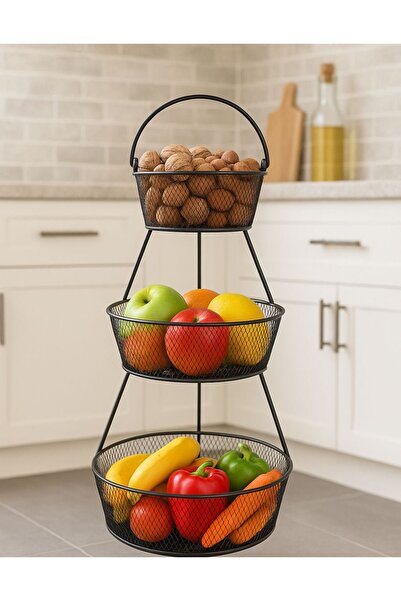 VENON Bahar 3 Katlı Siyah Metal Sebzelik - Patates Soğanlık Sepeti-meyvelik Çok Amaçlı Sepet