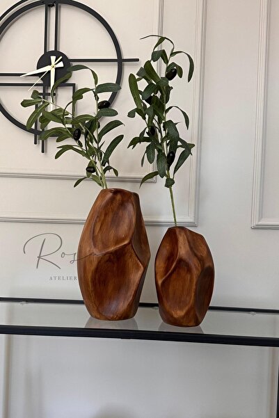 Rosa Atelier مزهرية من السيراميك المزخرف بنمط خشبي مكونة من قطعتين