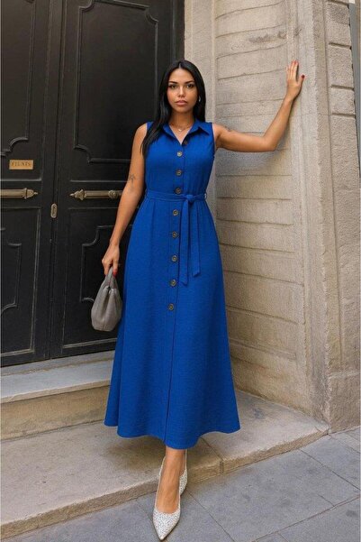 BY BASAK collection Women's Button Detail Belt Included Dress