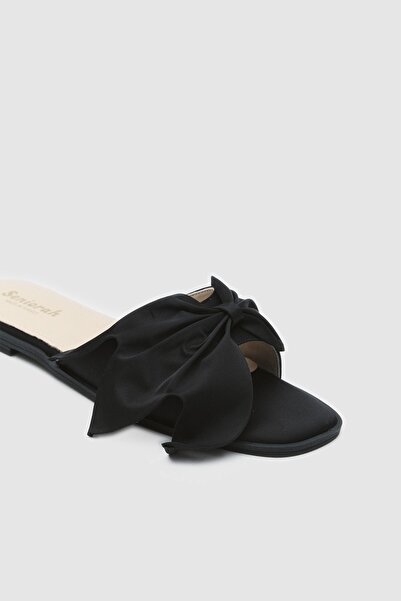 Seniorah Littore Μαύρο Σατέν - Γυναικείες Παντόφλες με Λεπτομέρεια Φιόγκου