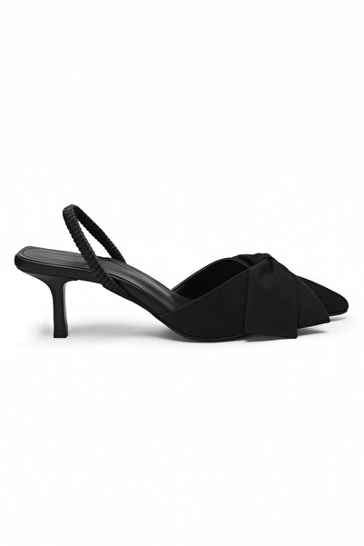 İmerShoes Daily Women's Black Shoes Bow Detailed Flexible Strap Pointed Toe Thin Heeled Evening Dress Shoes 1027