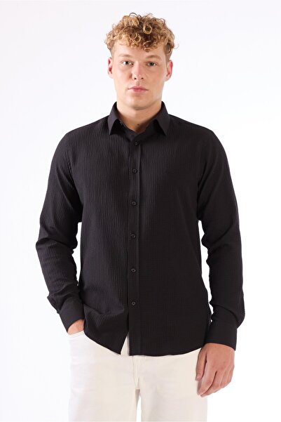 Dufy Men's Slim Fit Long Sleeve Black Shirt