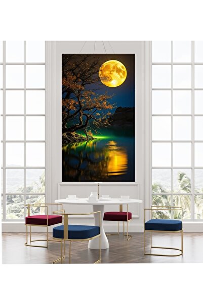 HDART Soyut Modern Gece Göl Manzarası Ay Ağaç Dekoratif Duvar Kanvas Tablo Ta...