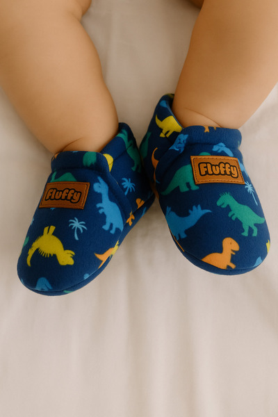 fluffy Desenli Bebek, Kadife, Lastikli, Kaydırmaz Deri, İlk adım Ev Ayakkabısı