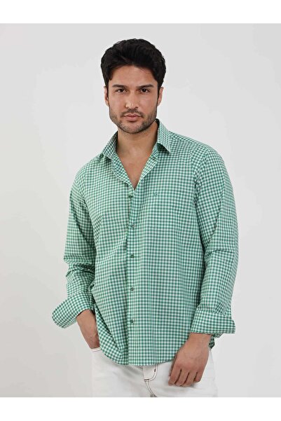 Dufy Yeşil Erkek Regular Fit Kareli Brent Düğmeli Yaka Uzun Kol Gömlek