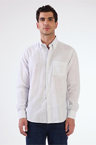 Dufy Bej Erkek Regular Fit Çizgili Brent Düğmeli Yaka Uzun Kol Gömlek