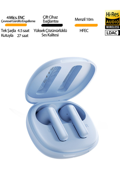QCY Ailybuds E10 Bluetooth Kulaklık - Hires - Ldac - Çift Cihaz - Oyun Modu 4 Mics Enc Mavi