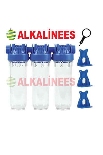 alkalinees Daire Girişi Su Arıtma Cihazı 10" 3’lü Filtre Silifoz Filtreli Klor ve Kireç Önleyici Bina Sayaç Önü