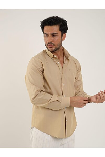 Dufy Camel Erkek Regular Fit Düz Brent Düğmeli Yaka Uzun Kol Gömlek