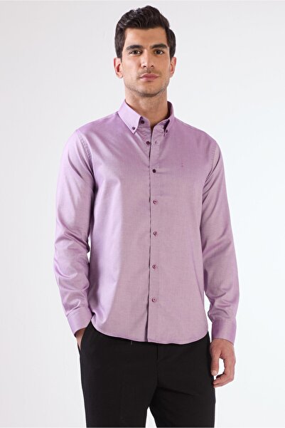 Dufy Lila Erkek Slim Fit Düz Brent Düğmeli Yaka Uzun Kol Gömlek