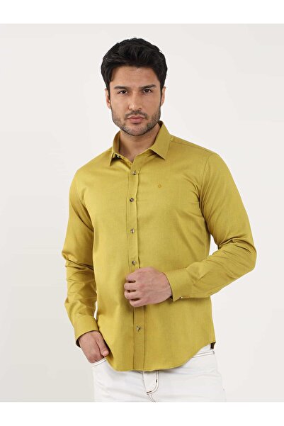 Dufy Erkek Slim Fit Uzun Kol Koyu Sarı Gömlek