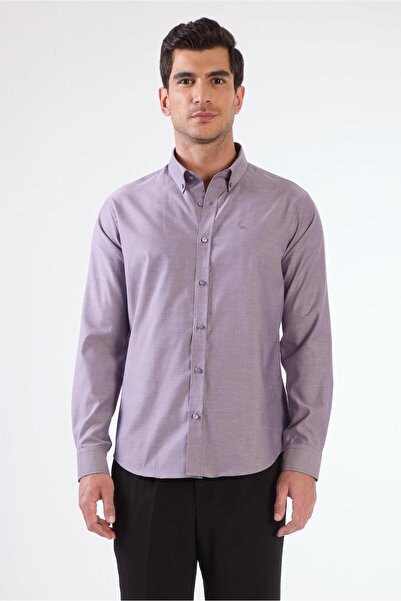 Dufy Mor Erkek Slim Fit Düz Brent Düğmeli Yaka Uzun Kol Gömlek