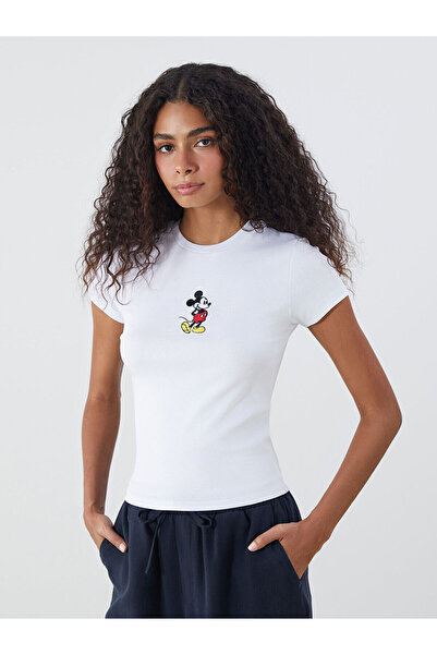 LC Waikiki Seray Yeni Sezon Bisiklet Yaka Mickey Mouse Nakışlı Kadın Tişört