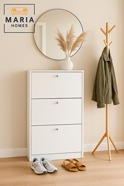 MARIA HOMES White Shoe Cabinet – 3 Tier Slim Storage Organizer for Entryway 62×25×120 cm