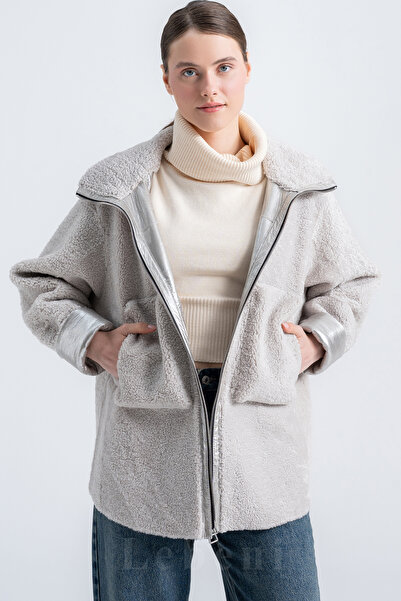 Lebeni Kadın Peluş Hakiki Kürk Ceket - Kuzu Kürkü Kırık Beyaz Oversize Kaban