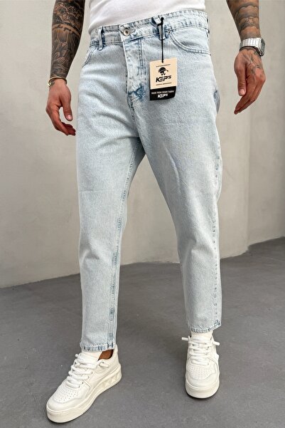 MADZEYMODA Boyfriend Mold pentru bărbați, țesătură din denim, spălat cu zăpadă, pantaloni de blugi albastru gheață KE-265