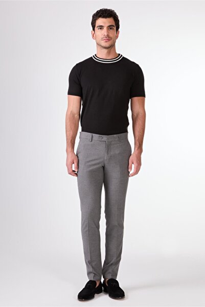 Dufy Koyu Gri Erkek Ekstra Slim Fit Melanj Desenli Klasik Pantolon