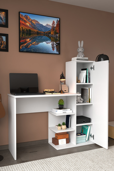 DizaynMotion Matilda 2 Raflı Dolaplı  Çalışma Masası beyaz