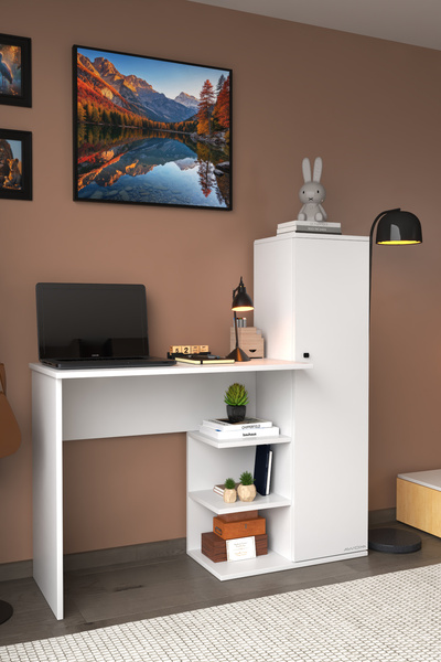 DizaynMotion Matilda 2 Raflı Dolaplı  Çalışma Masası beyaz