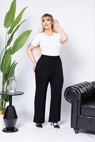 Butik Ayseba بنطلون نسائي واسع الساق مطاطي أسود كبير الحجم من القطن الممشط