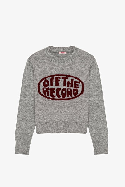 Quzu Off the Record Written Crew Neck Sweater Gray
