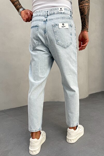 MADZEYMODA Boyfriend Mold pentru bărbați, țesătură din denim, spălat cu zăpadă, pantaloni de blugi albastru gheață KE-265