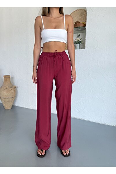 COMBİNE MİCHAİL Γυναικείο καλοκαιρινό φαρδύ λινό παντελόνι σε μπορντό χρώμα