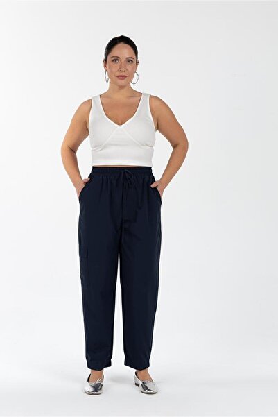 LUOKK Naısa Beli Lastikli Dokuma Büyük Beden Kargo Pantolon