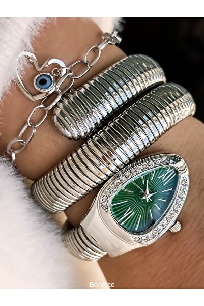 Bonicce Silver Lanyard in Gift Box,Green Dial,Snake Watch+Heart Bracelet