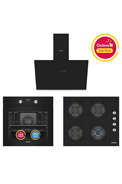 Simfer 4 Fonksiyon Trend Siyah Dijital Power Turbo Dijital Ankastre Set ( Fırın + Ocak + Davlumbaz)