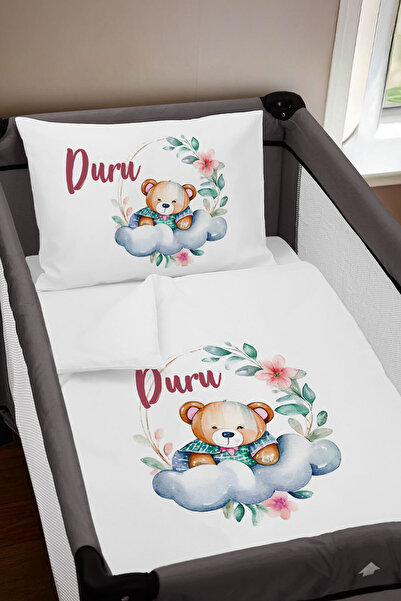 Homamia İsme Özel 75x120 Park Yatak Beşik Nevresim Takımı Buluttaki Ayıcık