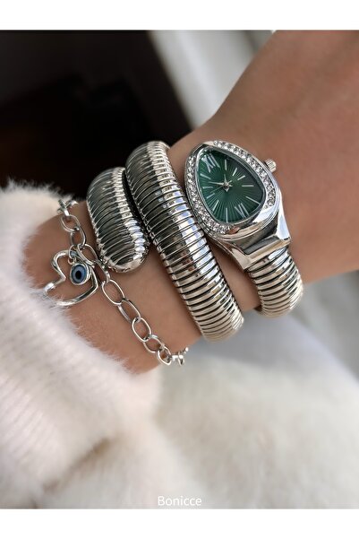 Bonicce Heart Bracelet with Green Dial and Snake Watch - Stones Silver Band