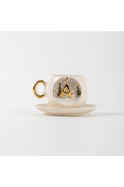 BSK Ceramics Handmade Harfli Porselen Kahve Fincan Yılbaşı Kardan Adam Çam Ağ...