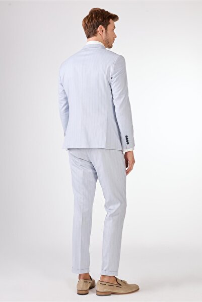 Dufy Mavi Erkek Slim Fit Çizgili Kruvaze Yaka Takım Elbise