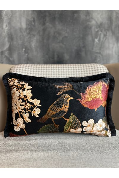 Fabricland Black Imported Silk Velvet - Rectangular and Bird Tasseled Throw Pillow Cover (Double Sided Pattern)