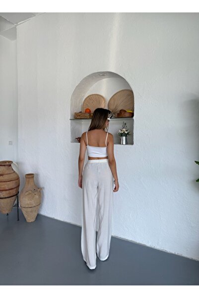 COMBİNE MİCHAİL Γυναικείο λευκό λινό παντελόνι καλοκαιρινό άνετο