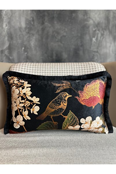 Fabricland İthal Ipek Kadife Siyah Renk Dikdörtgen Klasik Kuşlu Püsküllü Kırlent Kılıfı (ÇİFT TARAFLI DESEN)