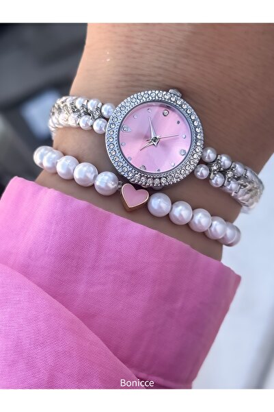 Bonicce Brand Silver Color, Pink Dial, Retro Vintage Minimal Case Women's Wristwatch Gift